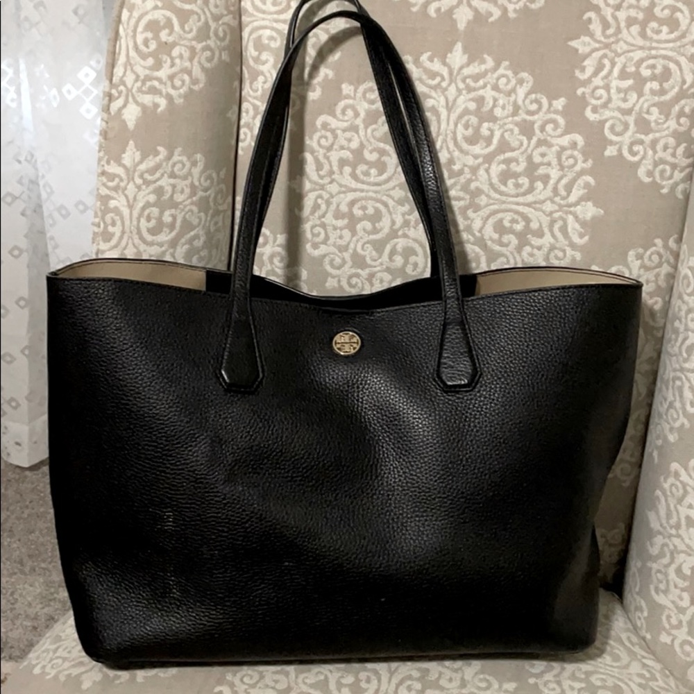 Tory Burch Black Logo Leather Tote